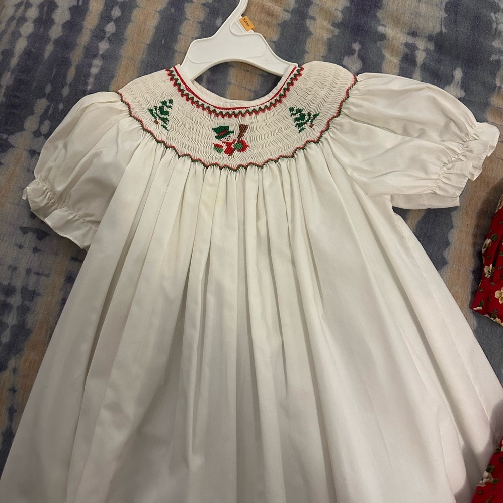 3 smocked Christmas dresses, sizes 3T and 4T (green one, has a small stain)